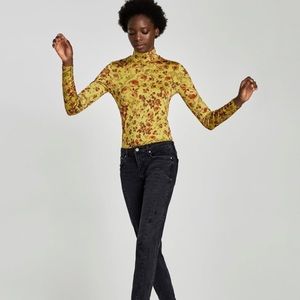 Zara Mustard Yellow Silky Romantic Floral High Collar Long Sleeve Top Size S